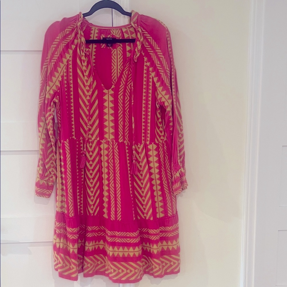 Anthropologie Maeve Pink and Yellow Long Sleeve Mini Dress Size Small EUC